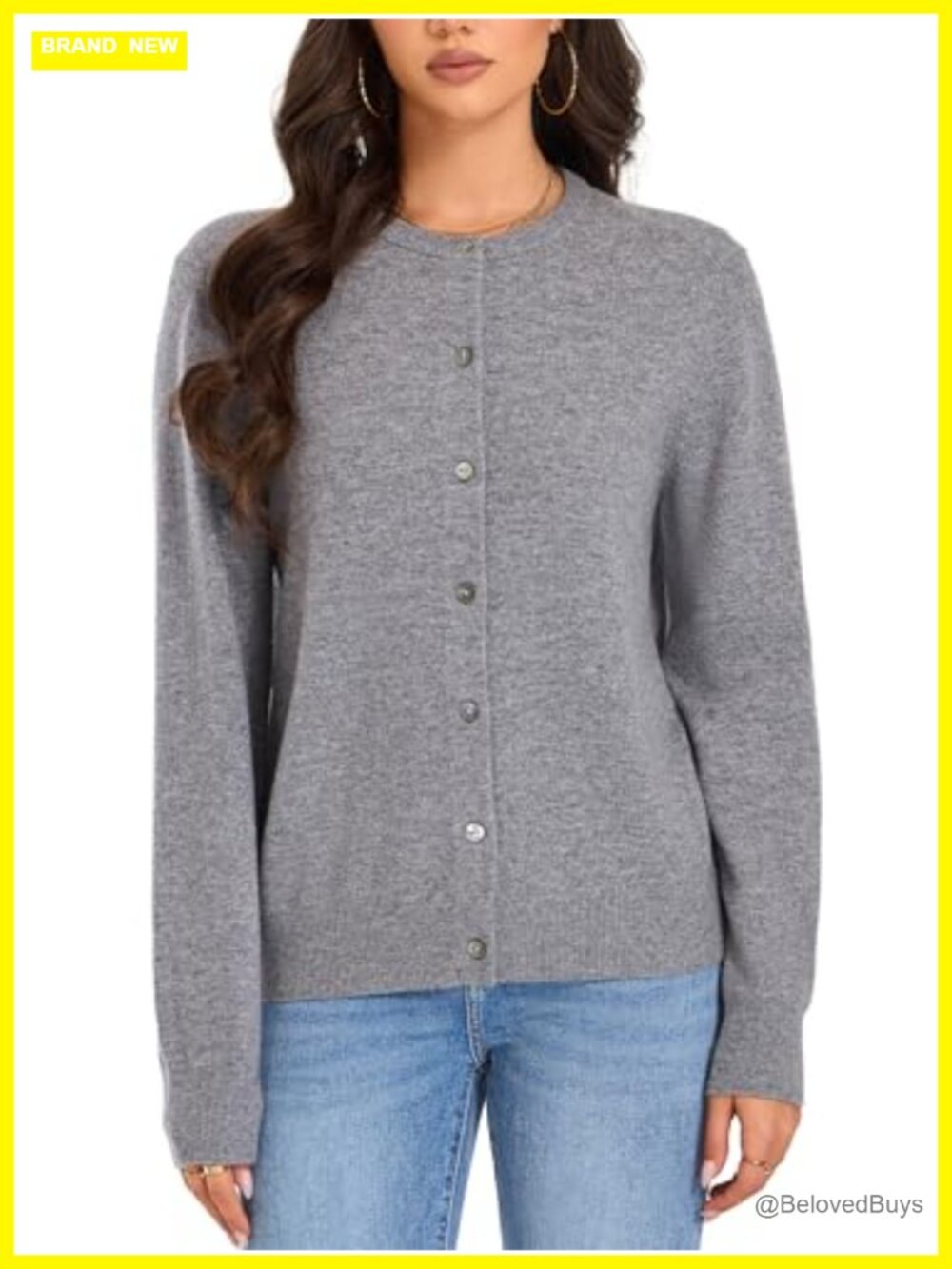 100% Merino Wool Cardigan Women Crew Neck Shell Button Sweater